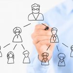 Pessoa de camisa azul desenhando com pincel clientes interligados entre si